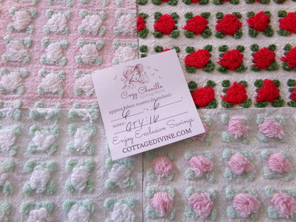 romantic rosebuds vintage chenille fabric squares, gorgeous medley of pink, red, white roses, set of 16 quilt blocks, 6" x 6" inch