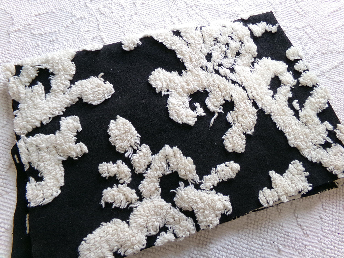 sophisticated black vintage style chenille fabric, cream gothic design, 25" x 18" cut piece of sewing & quilt material