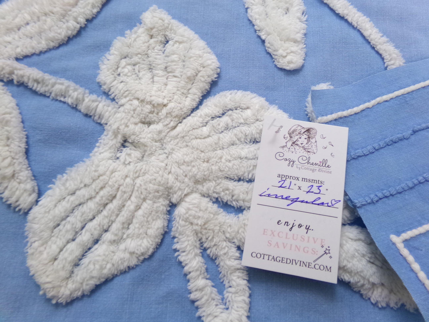 botanical blue vintage chenille fabric, super plush white florals, 21" x 23" piece sewing material