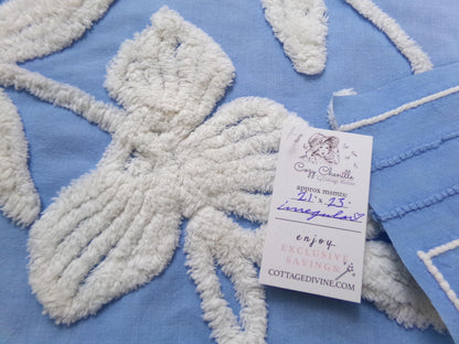 botanical blue vintage chenille fabric, super plush white florals, 21" x 23" piece sewing material