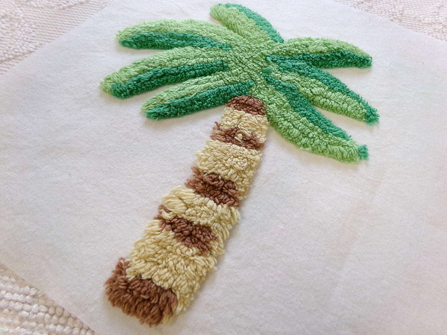 palm tree chenille fabric square, vintage tropical Florida fun novelty sewing material for pillow & quilt designs, 12" inch block