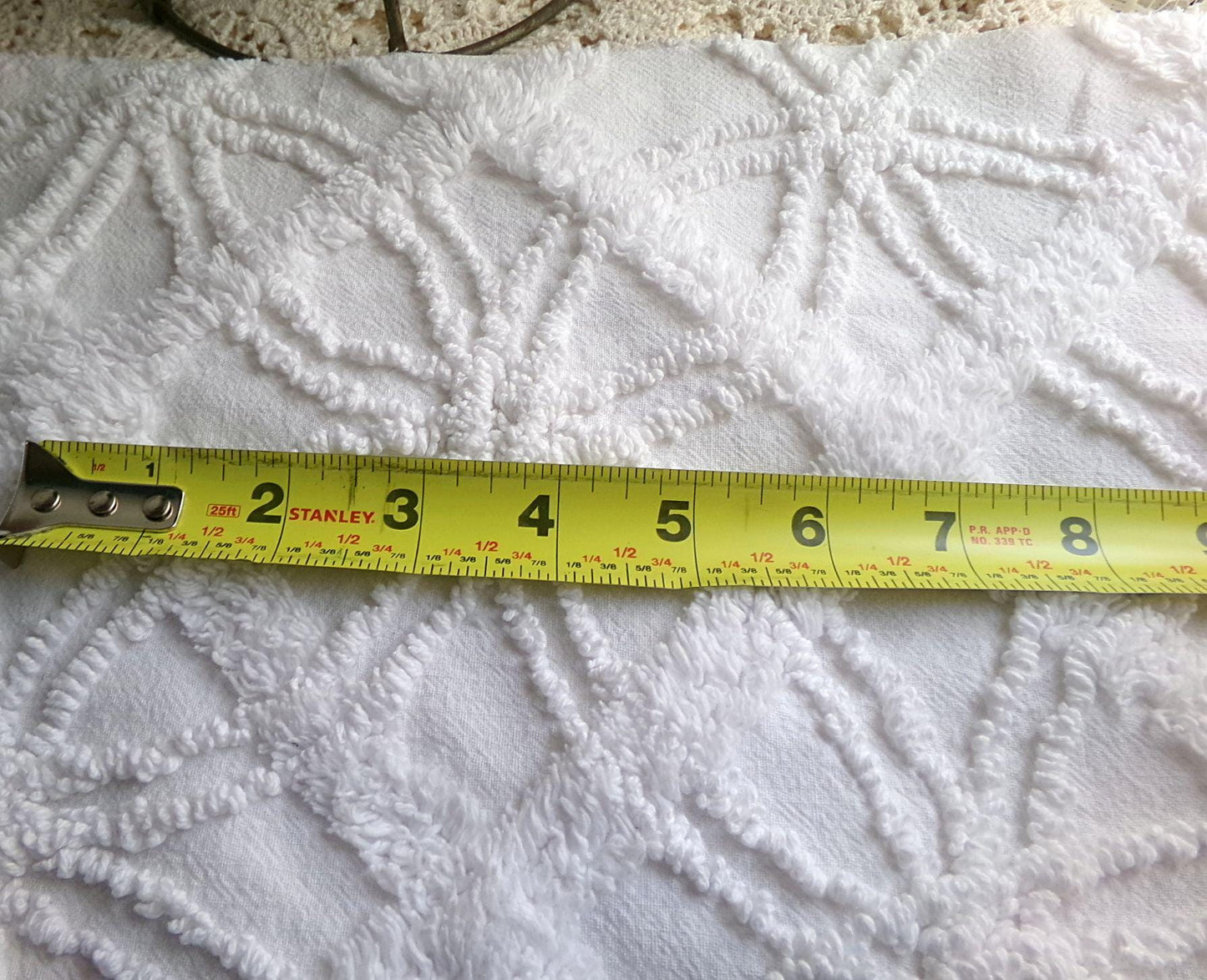 vintage white chenille fabric: webbed windowpane design, 20" x 25" cut piece