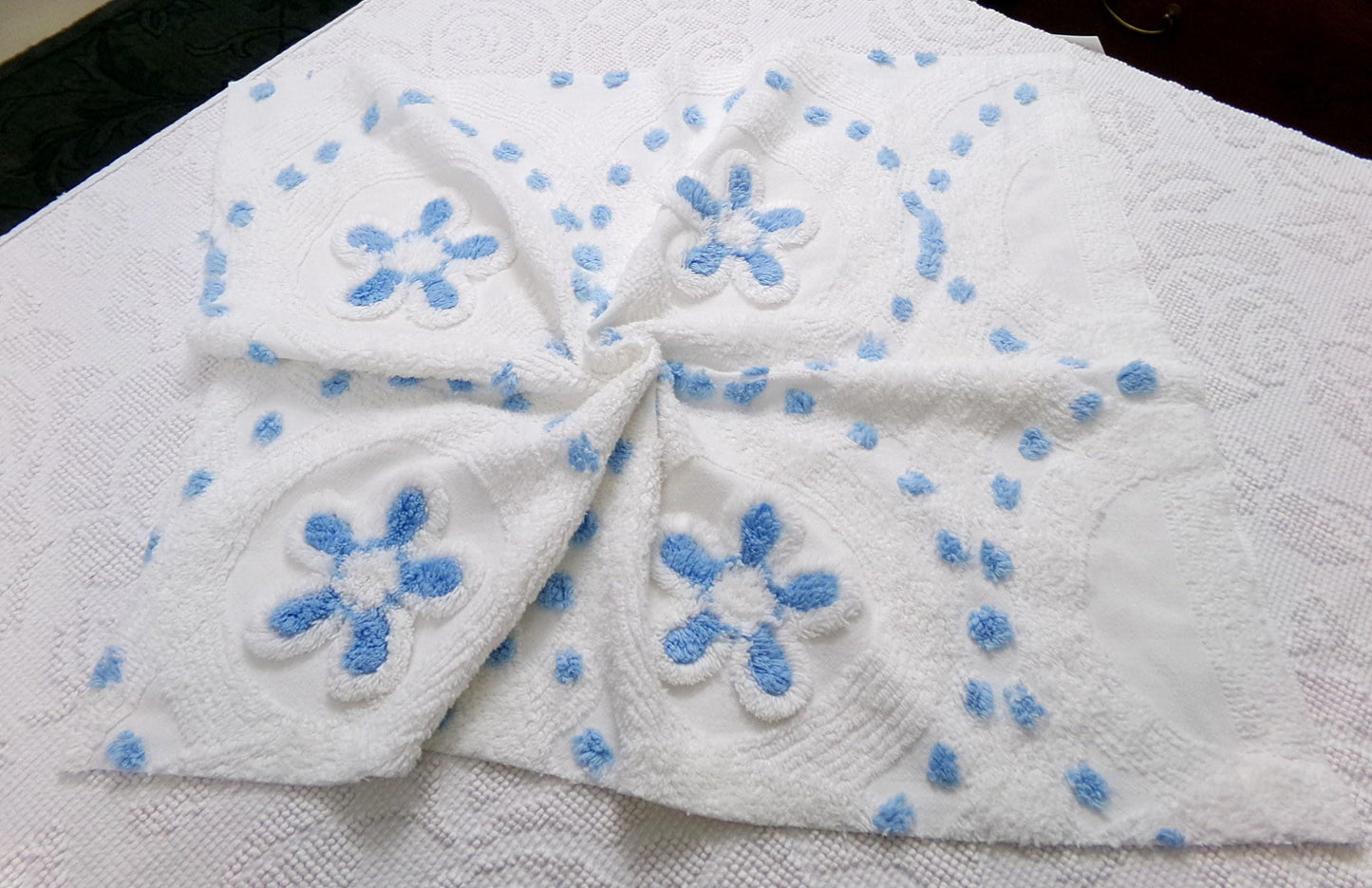 Boho Coastal Vintage Chenille Bedspread Fabric, Blue Circle Dot Flowers 24" x 20" Piece