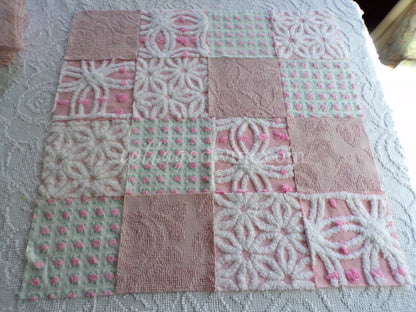 angel pink vintage chenille fabric squares, rosebuds, daisy patterns, set of 16 quilt blocks, 6" x 6" each, pretty in patchwork pillows