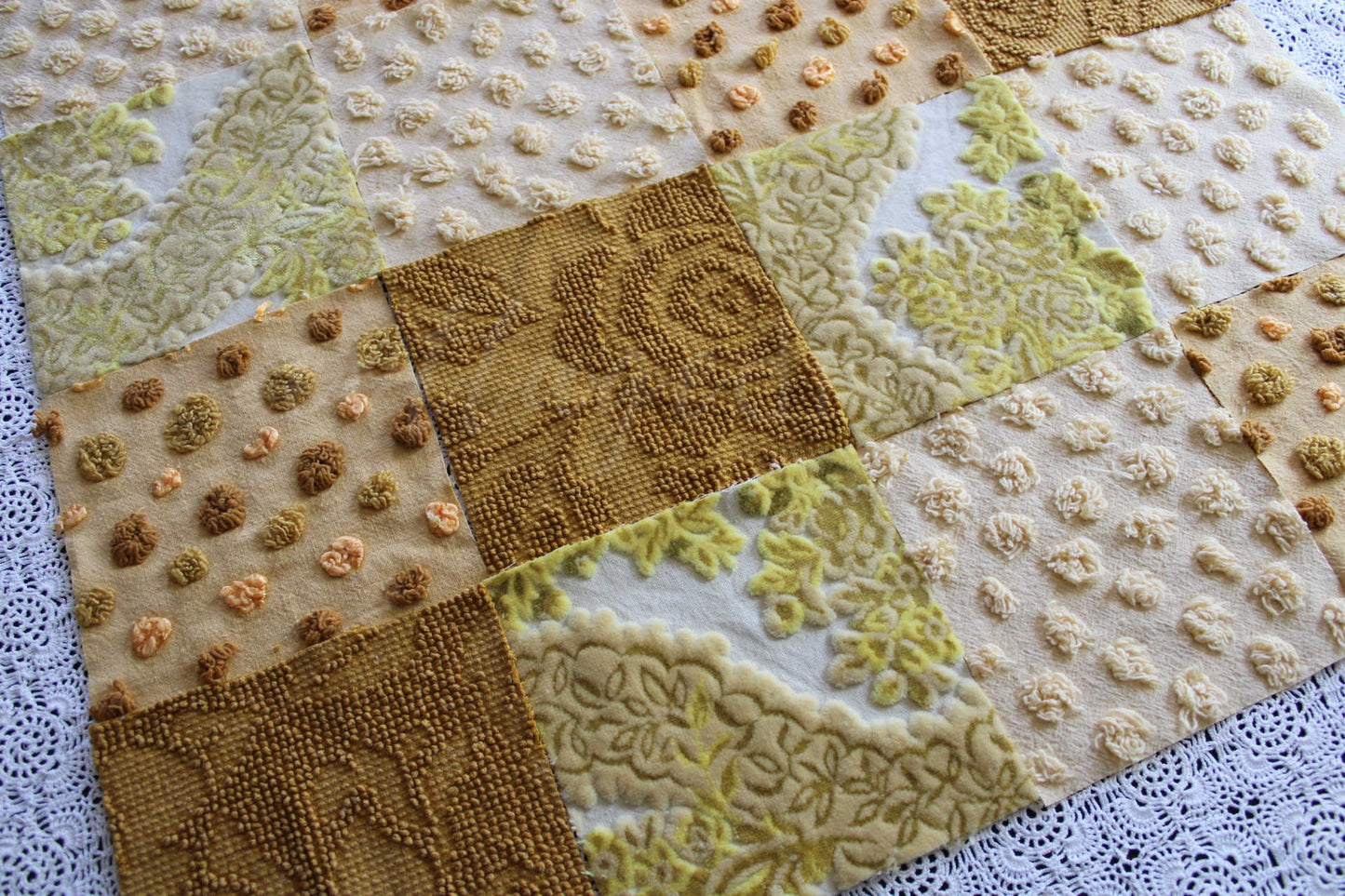 Chenille & Velvet Quilt Squares Set, "Hippie Mama", from Vintage Bedspread Fabric, 16 Blocks, 6" x 6" inches each, Earthtones