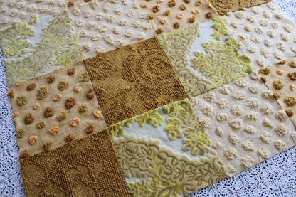 Chenille & Velvet Quilt Squares Set, "Hippie Mama", from Vintage Bedspread Fabric, 16 Blocks, 6" x 6" inches each, Earthtones