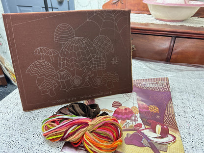 MUSHROOM PILLOW Boho Crewel Embroidery Kit, Vintage Paragon 0565 Dark Brown