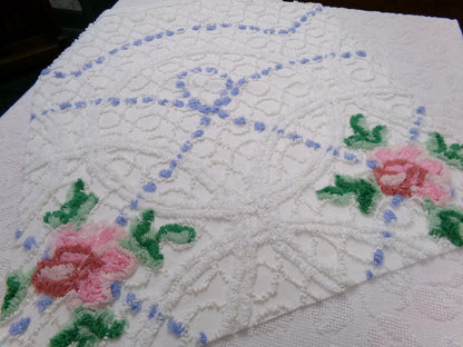 shabby romantic vintage chenille bedspread fabric, pink rose quilt material, 26" x 30" piece