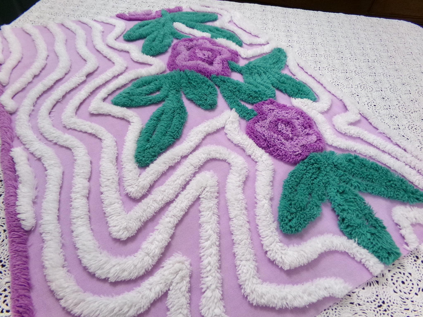 Violet Roses Vintage Chenille Bedspread Fabric 18x23" Sweeping White Waves