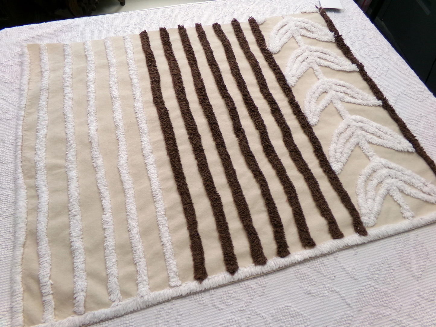 mocha leaf stripe vintage chenille fabric: contrast brown & white striped design, 20" x 24" sewing material for quilting, crafts