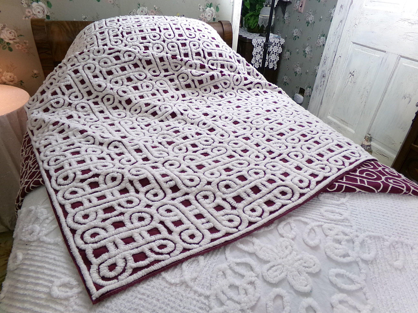 Vintage SuperTuft Chenille Bedspread NOS Rare Celtic Knot Hofmann Textiles USA Paper Tag, Full Size