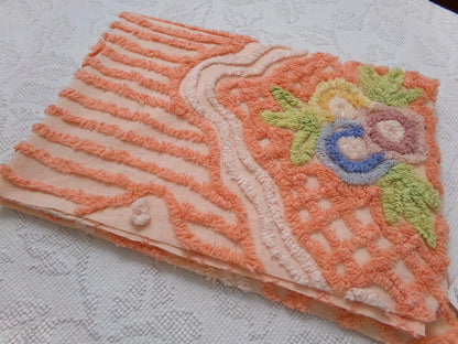 Vintage Cotton Chenille Fabric Peach Mixed Lattice Swag Floral 22x30 Shabby Chic Craft