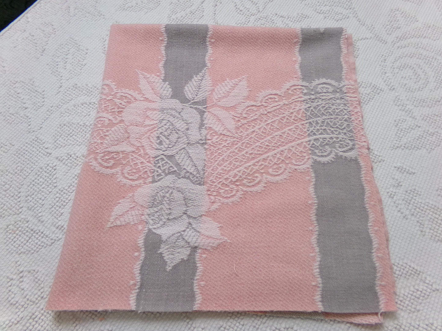 Lacy Rose Vintage Woven Fabric Piece Pink & Grey Stripes Shabby Chic Sewing Material 24x23"