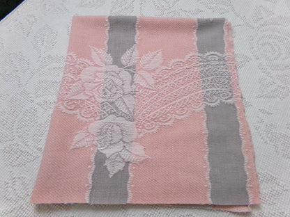 Lacy Rose Vintage Woven Fabric Piece Pink & Grey Stripes Shabby Chic Sewing Material 24x23"