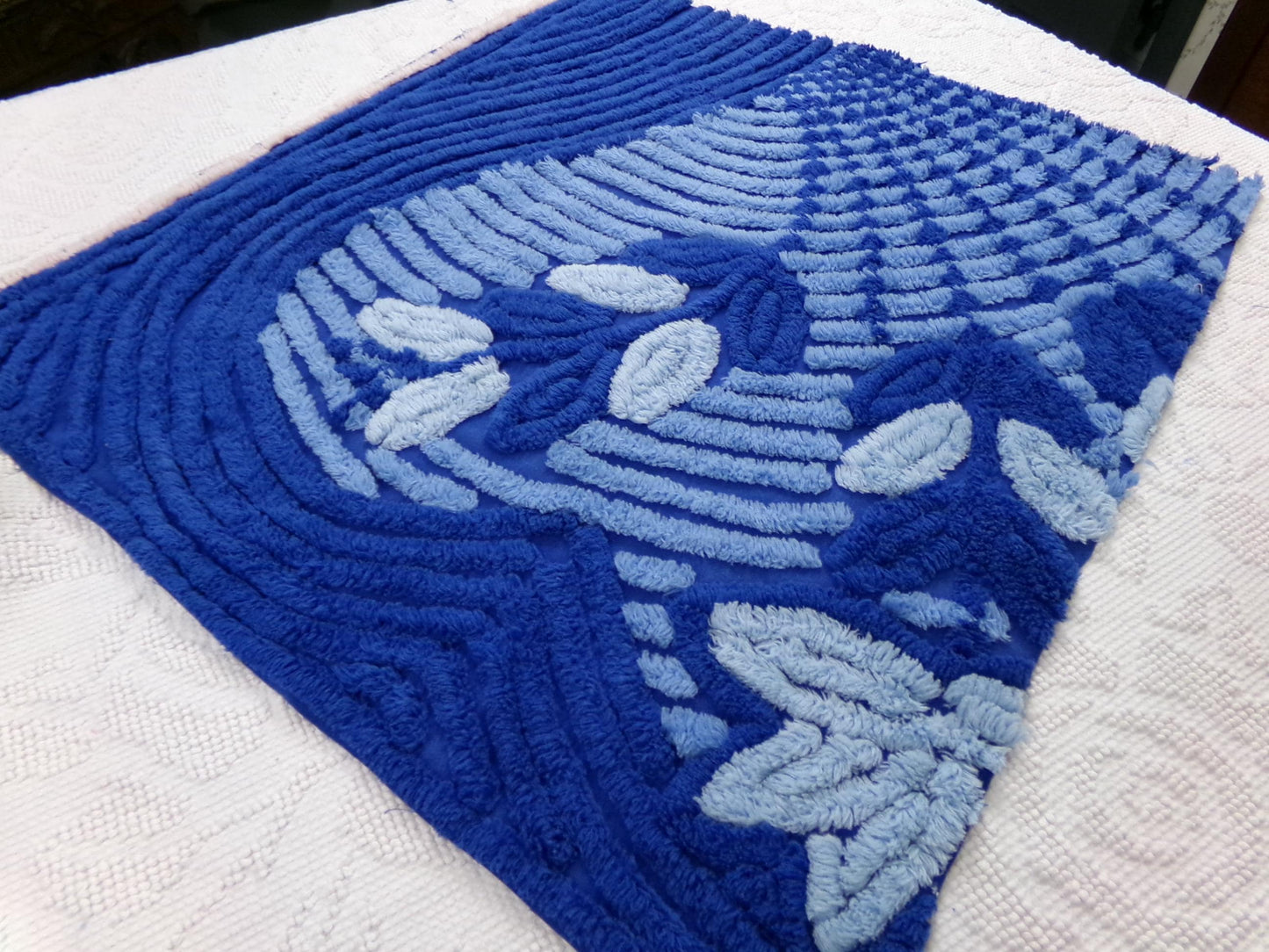 vintage chenille bedspread fabric, mystic blue fan floral sewing material, 22" x 21" piece
