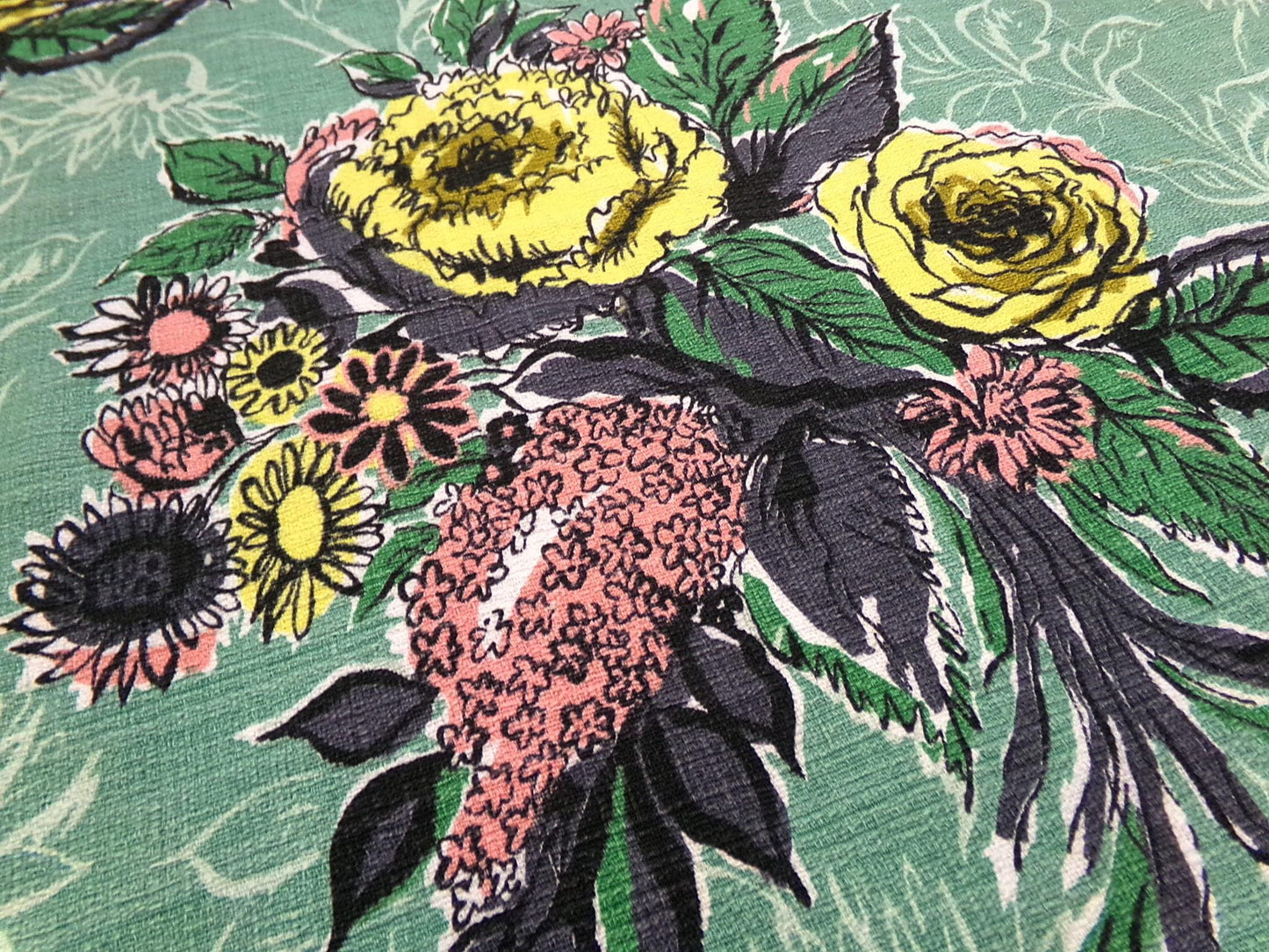 Vintage Green Floral Barkcloth Fabric Panel, Tonal Rose Shadow Leaf Design 21"x20.5"