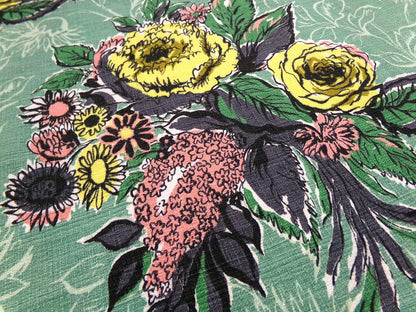 Vintage Green Floral Barkcloth Fabric Panel, Tonal Rose Shadow Leaf Design 21"x20.5"