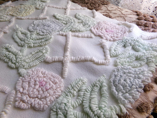 Vintage Chenille Fabric Pastel Spring Floral Wreaths on Antique Cream Cotton, 20" x 24" piece