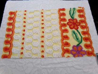 Sunny Side Up Yellow Vintage Chenille Fabric, tufted floral curlicue dots, piece sewing craft quilt material, 16" x 27"