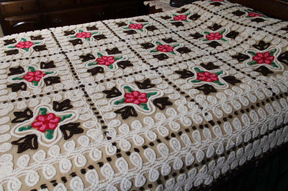 Boho Vintage Chenille Bedspread, Pink Roses on Cocoa Brown, Full Size Cotton Bedding