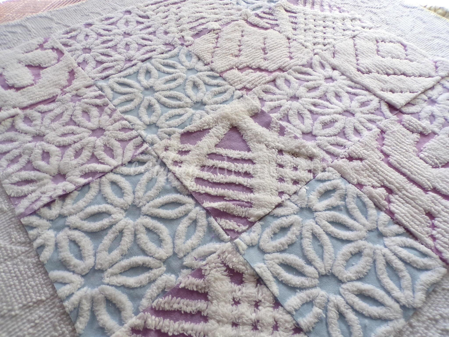 Dreamy Divine Vintage Chenille Fabric Squares Set in Lilac, Blue & White, 16 Rotary Cut Quilt Blocks, 6" x 6" inch