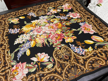 Vintage Ralph Lauren Sheer Scarf Black Floral Tulips Peonies Paisley Border