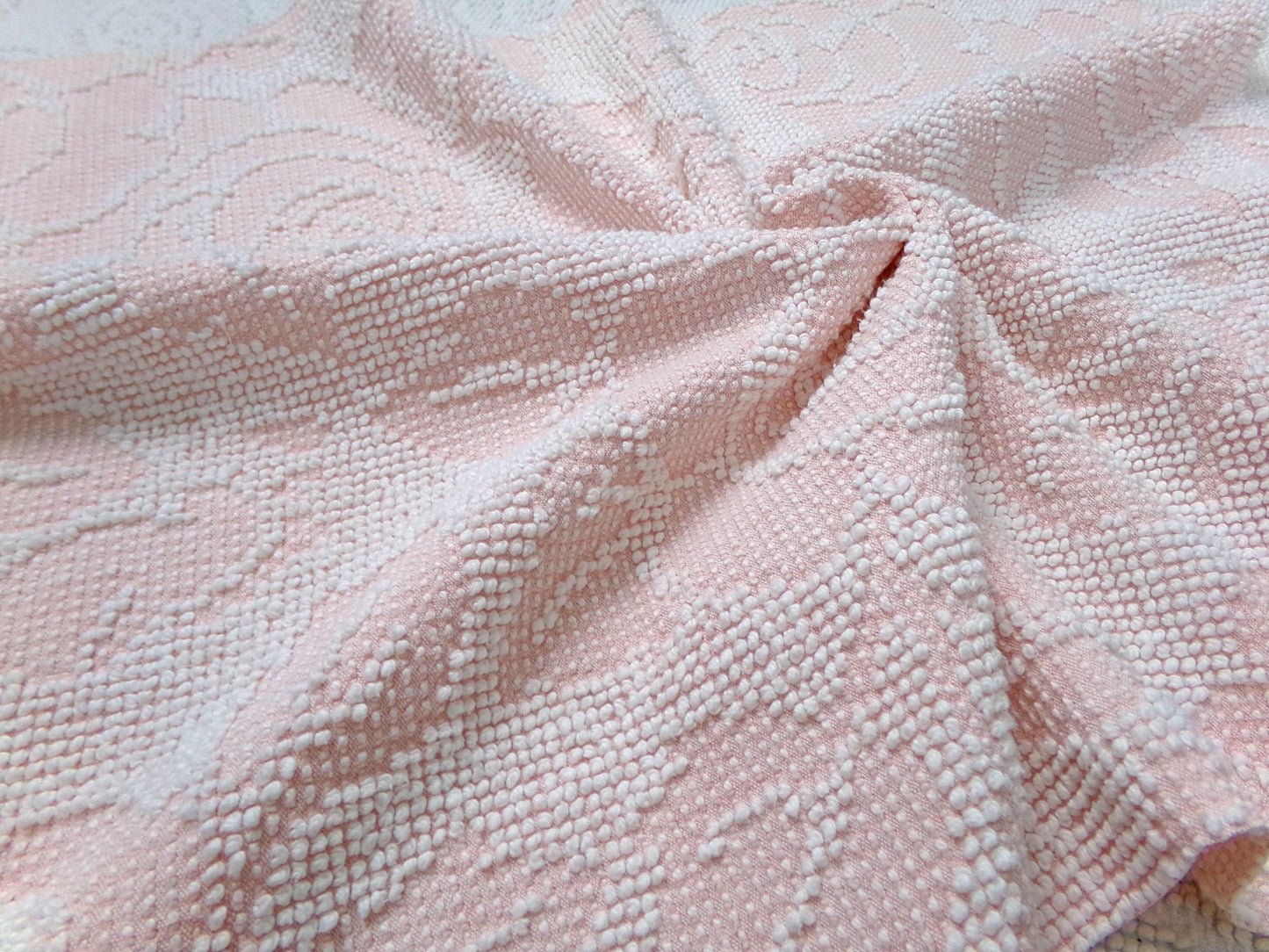 Pink Rose Vintage Hobnail Chenille Fabric Piece Cabbage Rose Reversible Shadow Design 18x24"