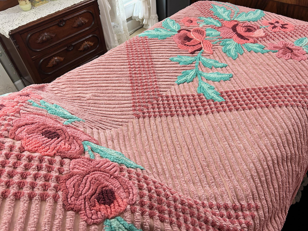Vintage Chenille Bedspread Twin Dusty Pink Aqua Floral Bouquet Cottage Shabby