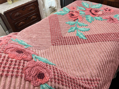 Vintage Chenille Bedspread Twin Dusty Pink Aqua Floral Bouquet Cottage Shabby