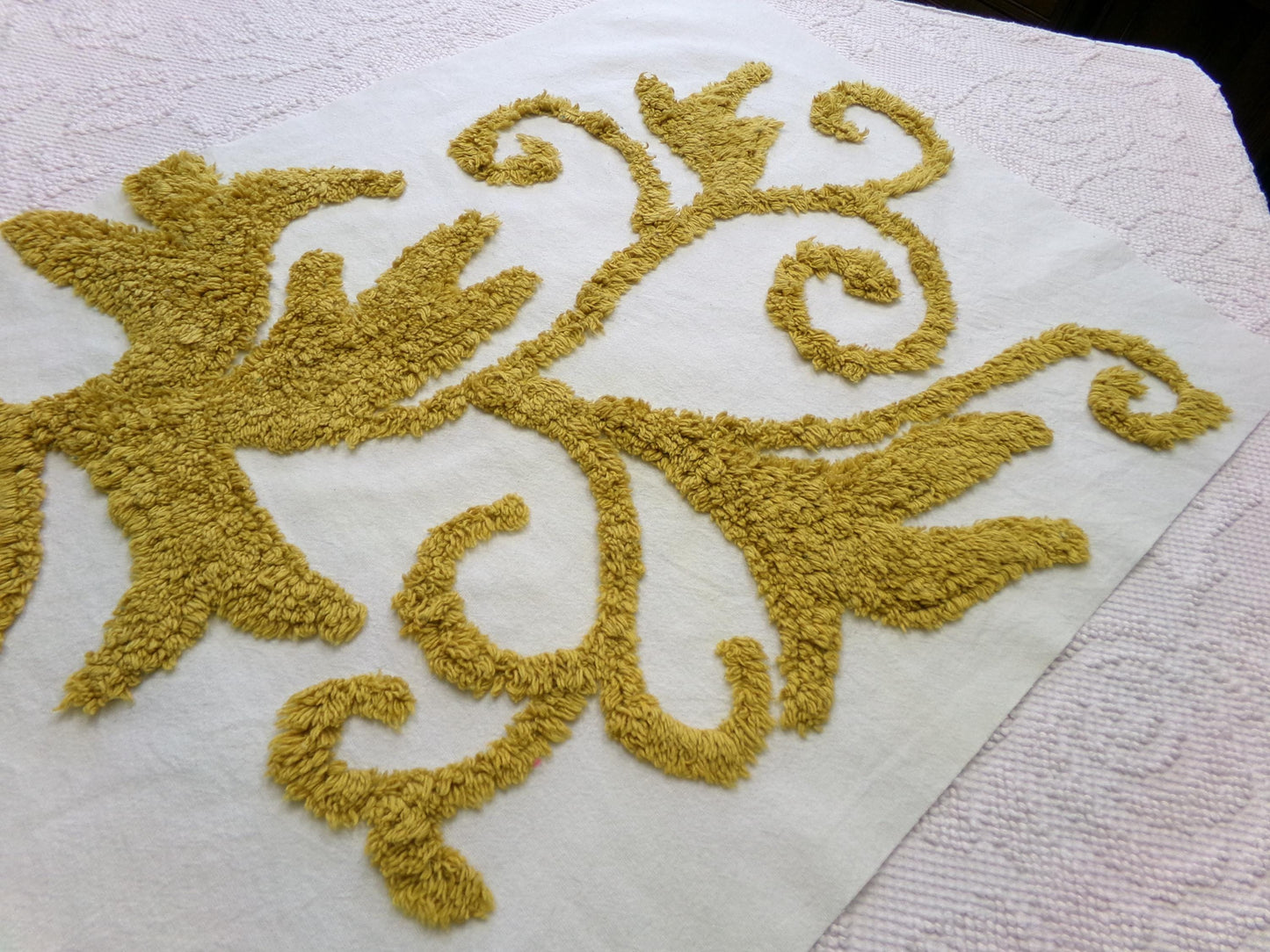 Vintage Gold & White Chenille Fabric: Sophisticated Scroll Design Modern Style Textile Craft Quilting Material, 17" x 27" Piece