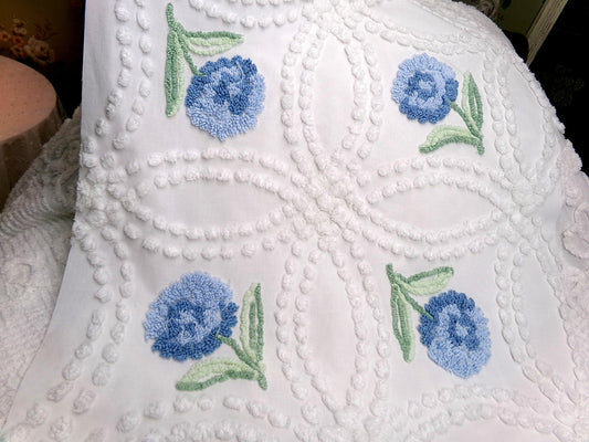 Plush Blue Mum Vintage Chenille Fabric, Tufted Floral on White Cotton 23" x 23" Piece of Sewing Material