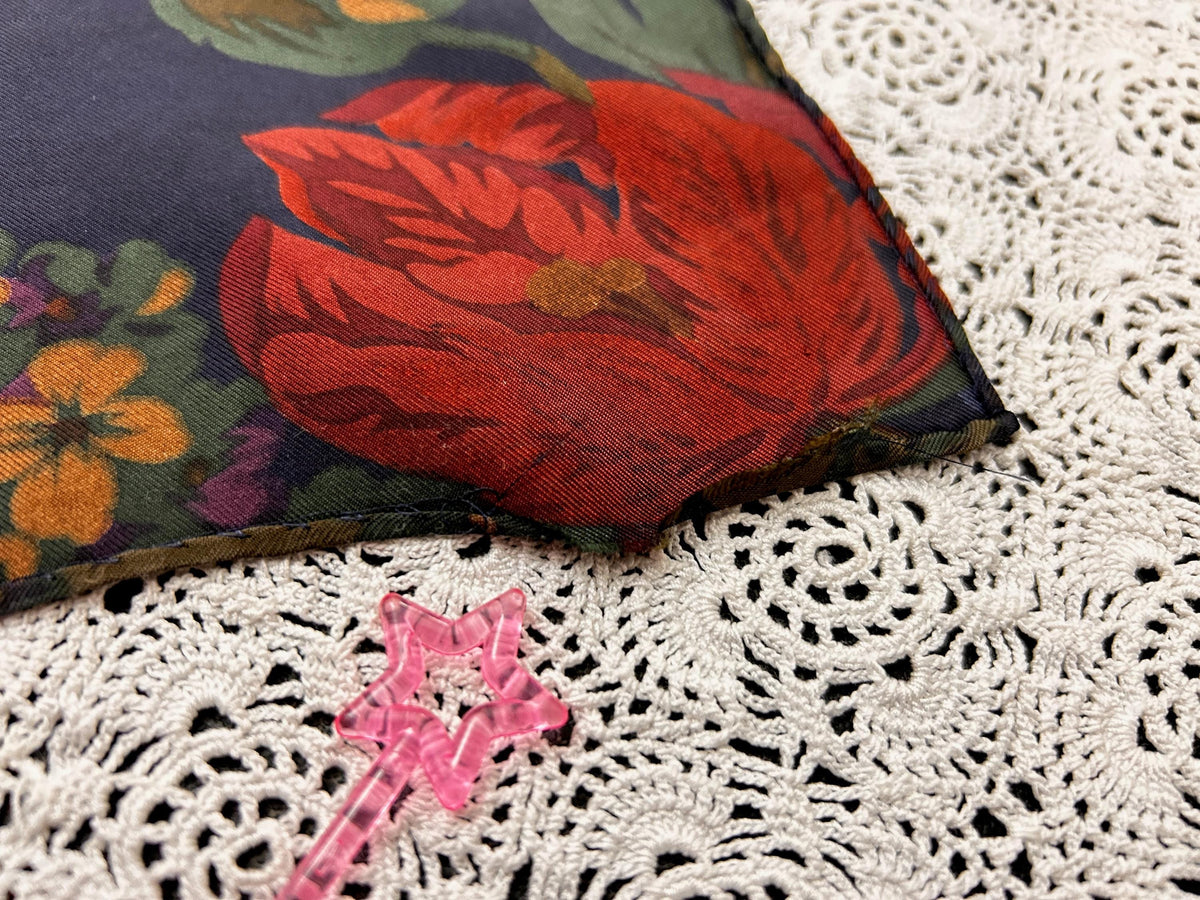 Vintage Ralph Lauren Silk Square Scarf Shabby Navy Blue Floral Roses