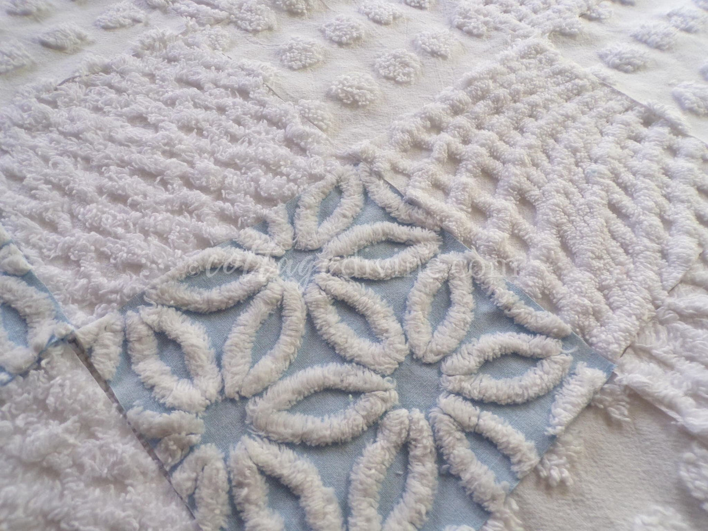 16 vintage chenille fabric squares: breezy blue & white 6" quilt blocks