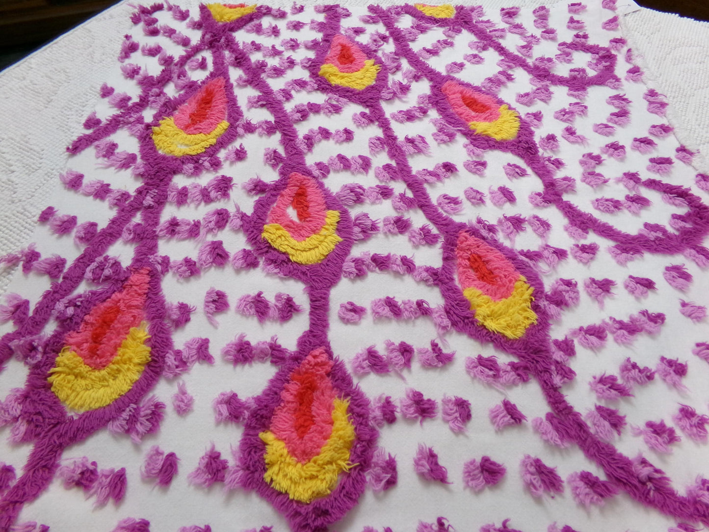 bold dimensional peacock feathers vintage chenille bedspread fabric 20" x 20"