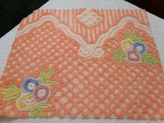 Vintage Peach Chenille Fabric Lattice Swag Floral Bouquet Cottagecore Quilting 20x25"