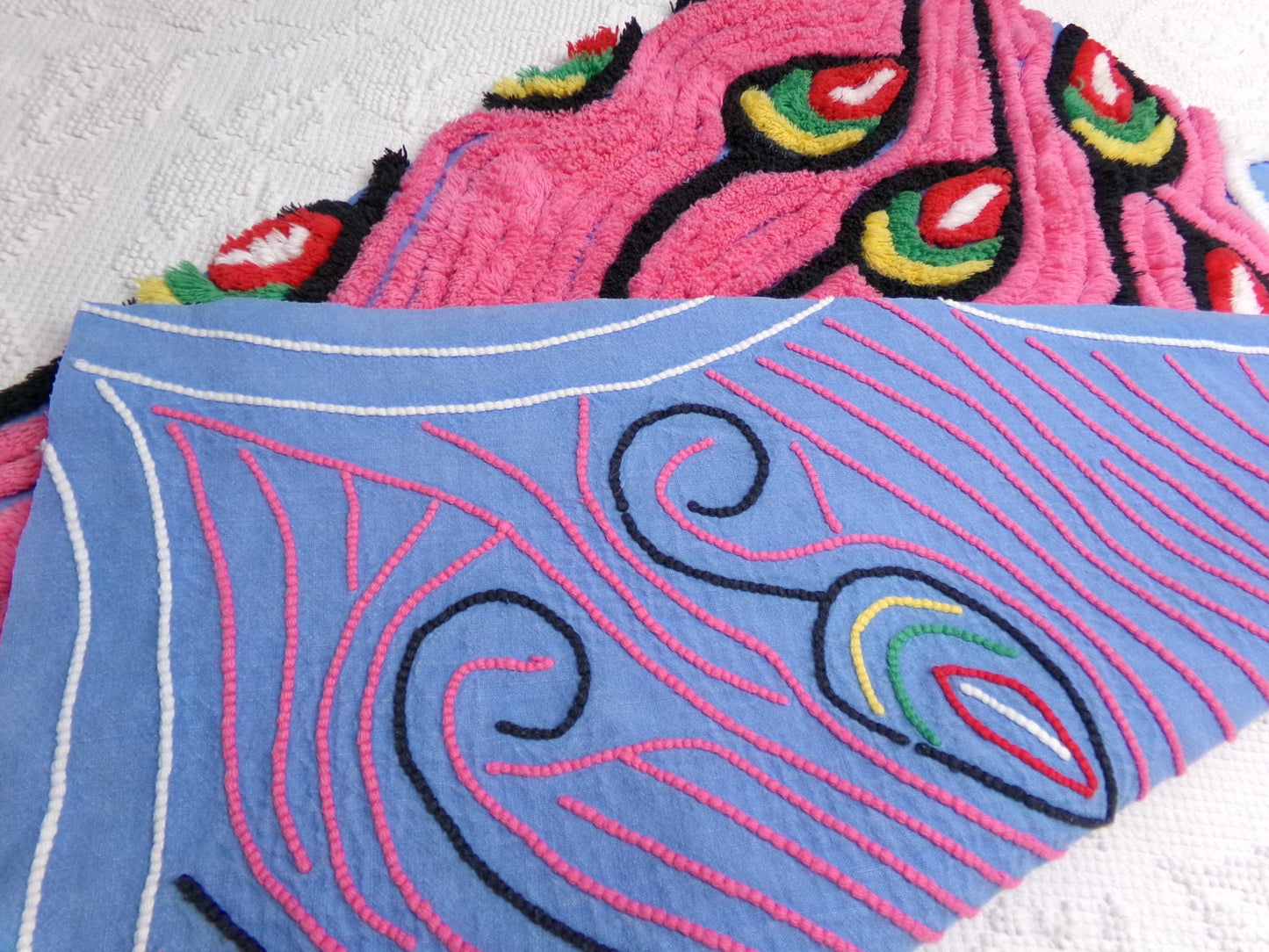 Exotic Artsy Vintage Chenille Bedspread Fabric Piece Pink Peacock Feathers, 19" x 24"