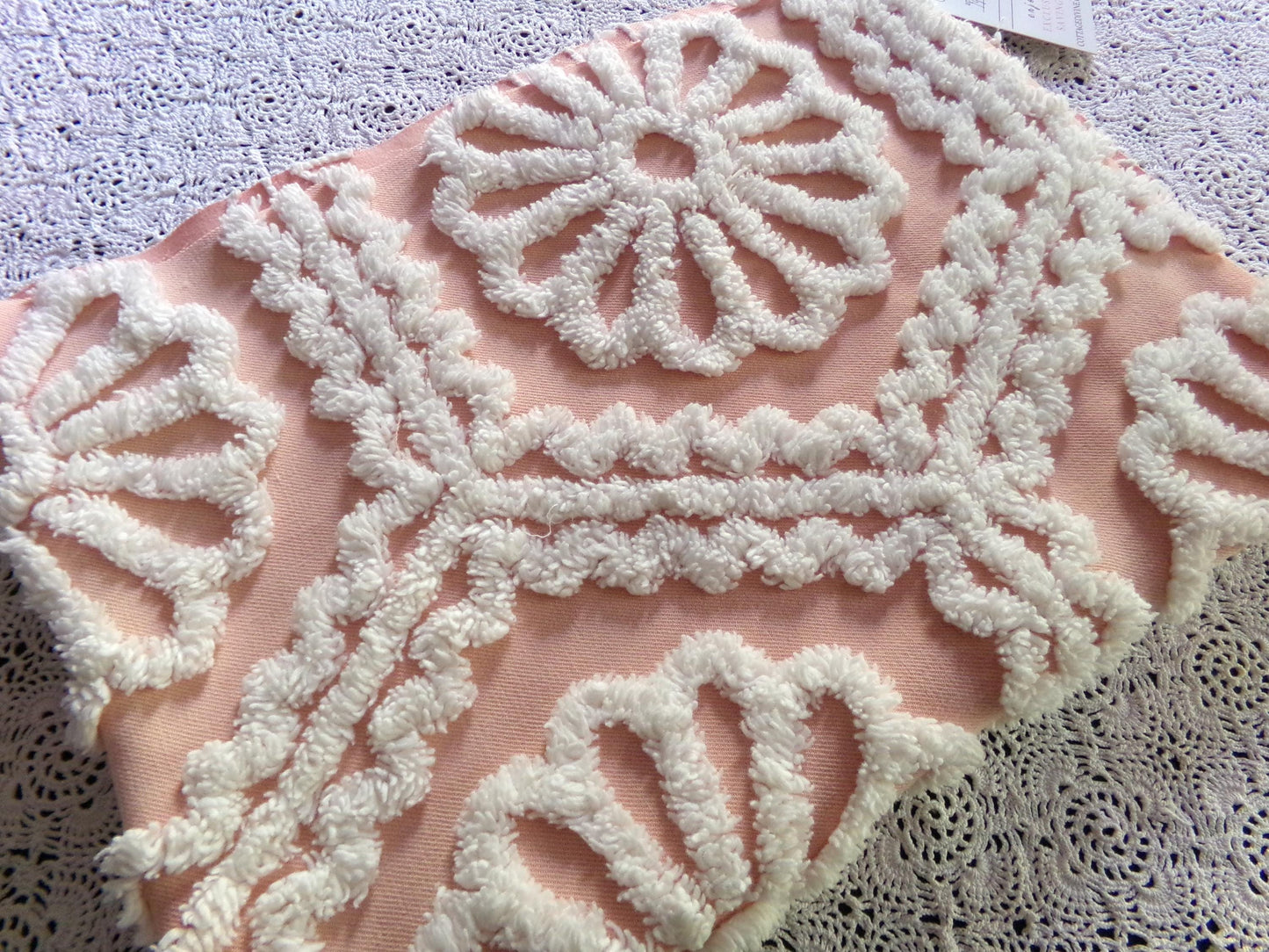 shabby ruffle daisy vintage chenille fabric, white geometric floral on peach 26" x 19" inch piece of cotton quilt & sewing material