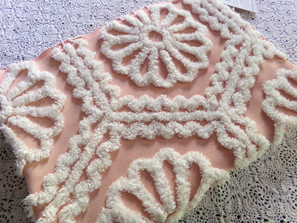 shabby ruffle daisy vintage chenille fabric, white geometric floral on peach 26" x 19" inch piece of cotton quilt & sewing material