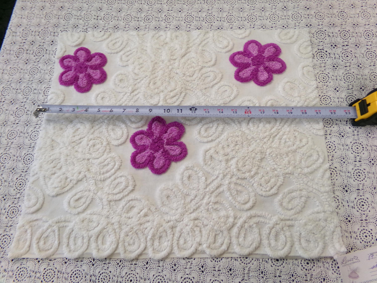 Violets in Snow Vintage Cotton Chenille Fabric - Plush Florals in White Curlicues, Quilt & Craft Material, 20" x 17" Piece