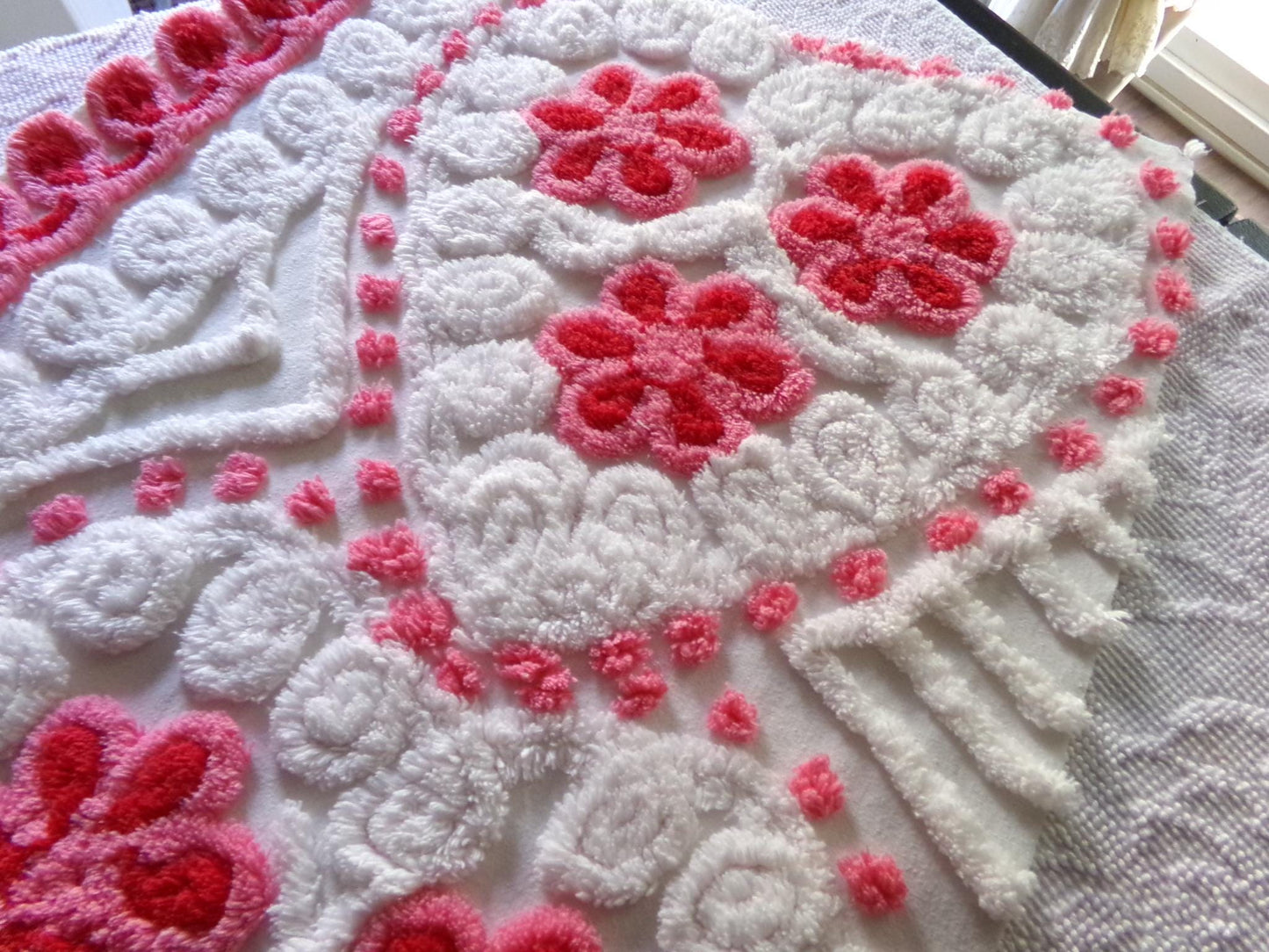 romantic hearts vintage chenille fabric, sweetest plush rose pink flowers, 21" x 26" inch rounded piece cotton sewing material for crafting