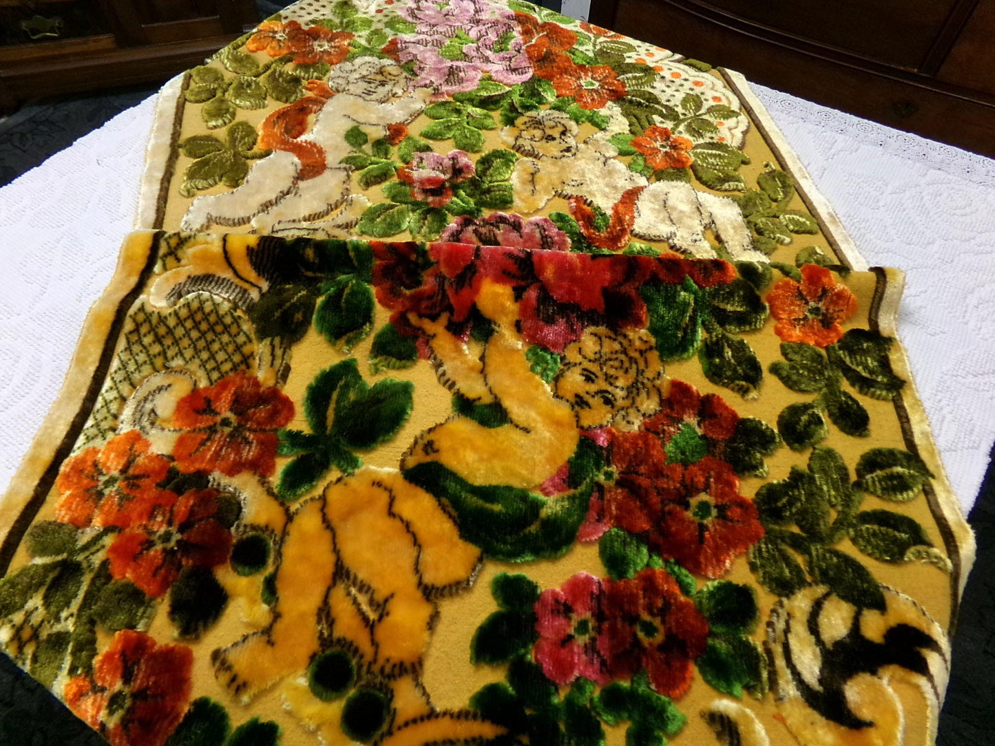 Vintage Cut Velvet Shadowy Cherub Floral Tapestry Panel Fringed Angel Wall Hanging or Rug 26"x46"