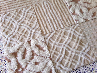 Neutral Modern Chenille Quilt Squares Set from Vintage Bedspread Fabric, 16 Blocks 6" x 6" inch, Daisy, Wavy Honeycomb, Stripe, Dot Patterns