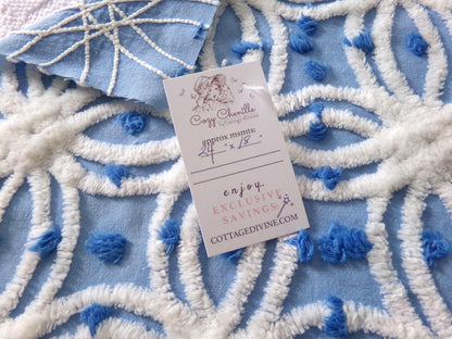 coastal chic blue vintage chenille fabric, white tufted spider rings & little pops, 24" x 18" inch piece
