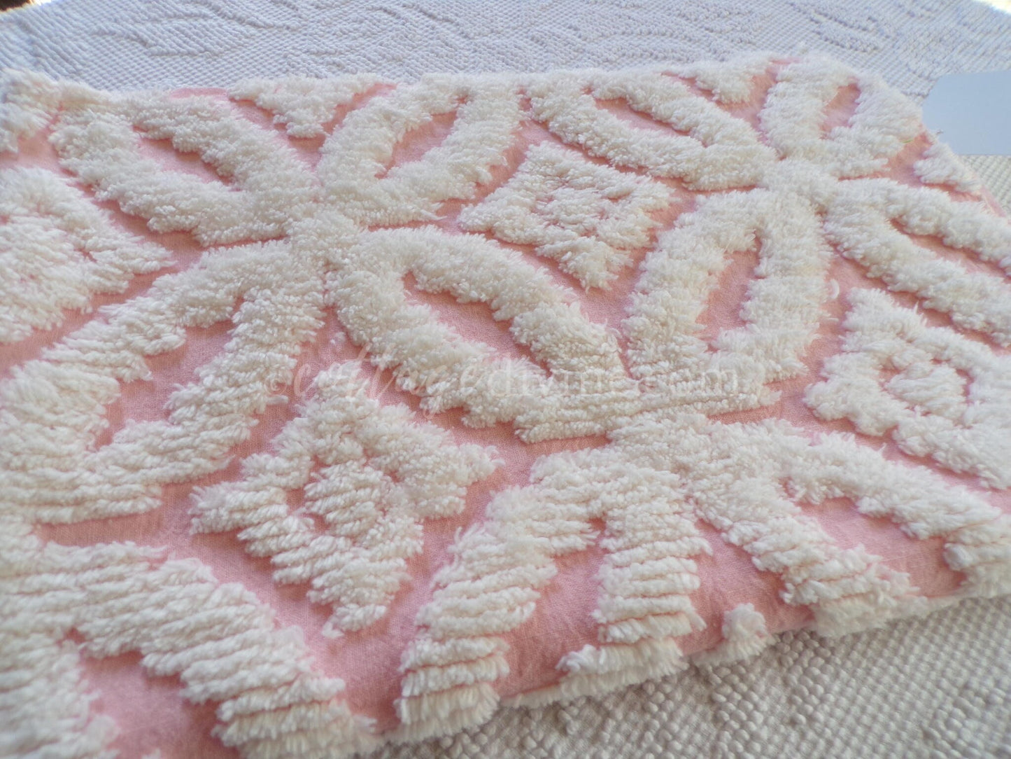Snuggle Pink Vintage Chenille Fabric, White Sculpted Geometric Tufting, 20" x 31" inch Piece