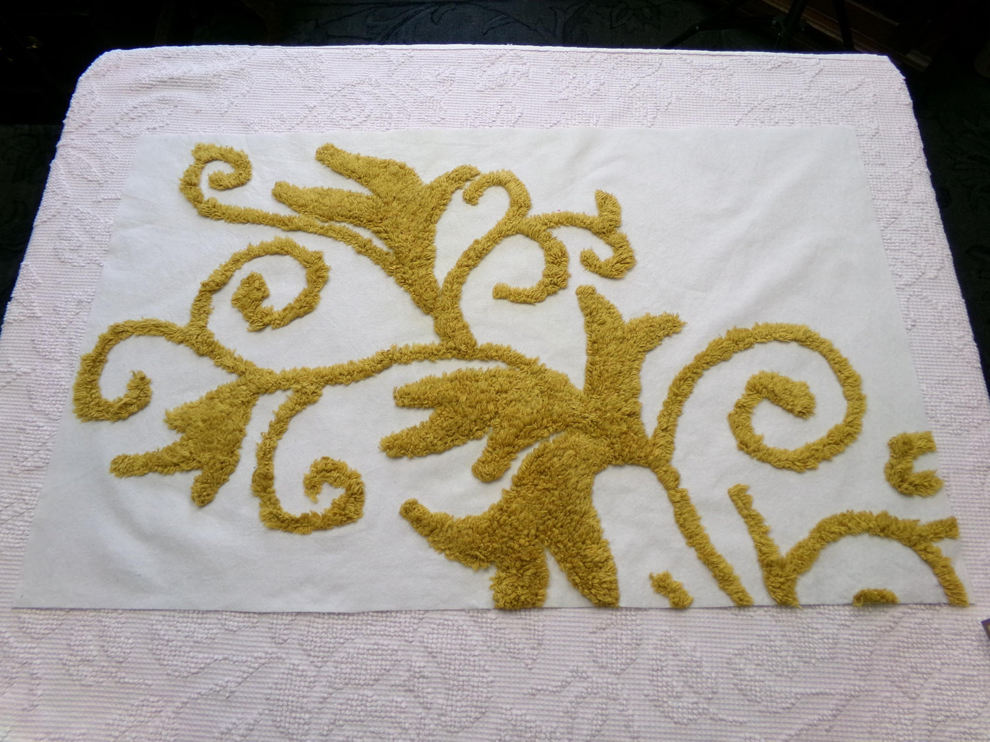 Vintage Gold & White Chenille Fabric: Sophisticated Scroll Design Modern Style Textile Craft Quilting Material, 17" x 27" Piece