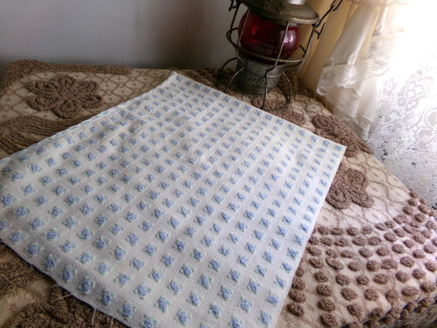 Tiny Blue Rosebuds Vintage Chenille Quilt Fabric, 18" x 21" inch Piece Lightweight Mini Roses