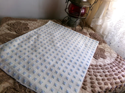 Tiny Blue Rosebuds Vintage Chenille Quilt Fabric, 18" x 21" inch Piece Lightweight Mini Roses