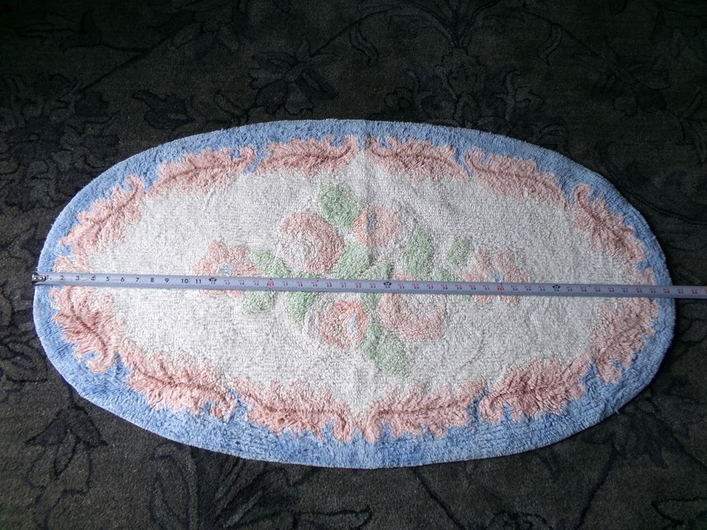Vintage Shabby Cottage Chenille Rug, Lovely Muted Rose Florals & Pink Leaves, Cotton Bed Bath Accent Mat, Oval Shape, Large Size 25"W x 44"L