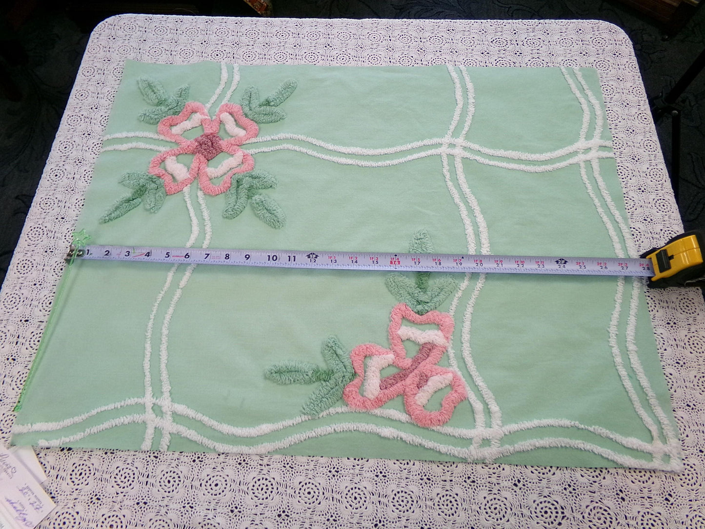 Shabby Soothing Green Vintage Chenille Fabric, Pink Rose Florals, 20 x 27"