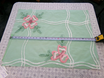 Shabby Soothing Green Vintage Chenille Fabric, Pink Rose Florals, 20 x 27"